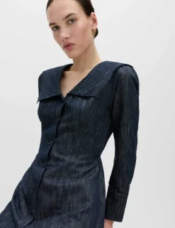 Denim Sailor Collar Mini Dress with Linen