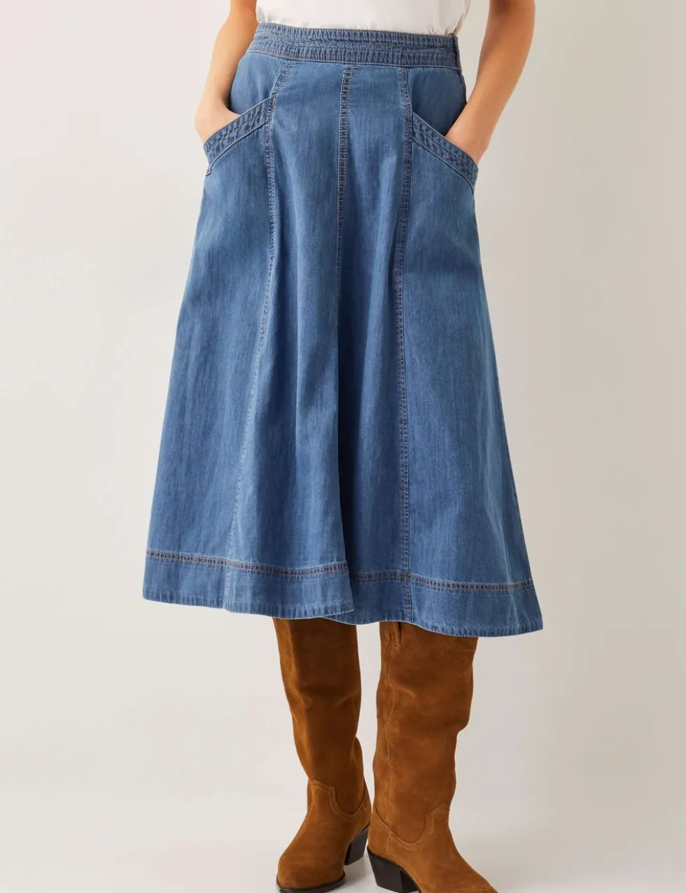Denim Seam Detail Midi Skirt