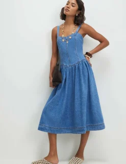 Denim Seamed Midi Swing Dress