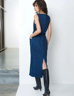Denim Slash Neck Belted Midi Column Dress