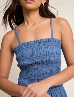 Denim Square Neck Midi Shirred Dress
