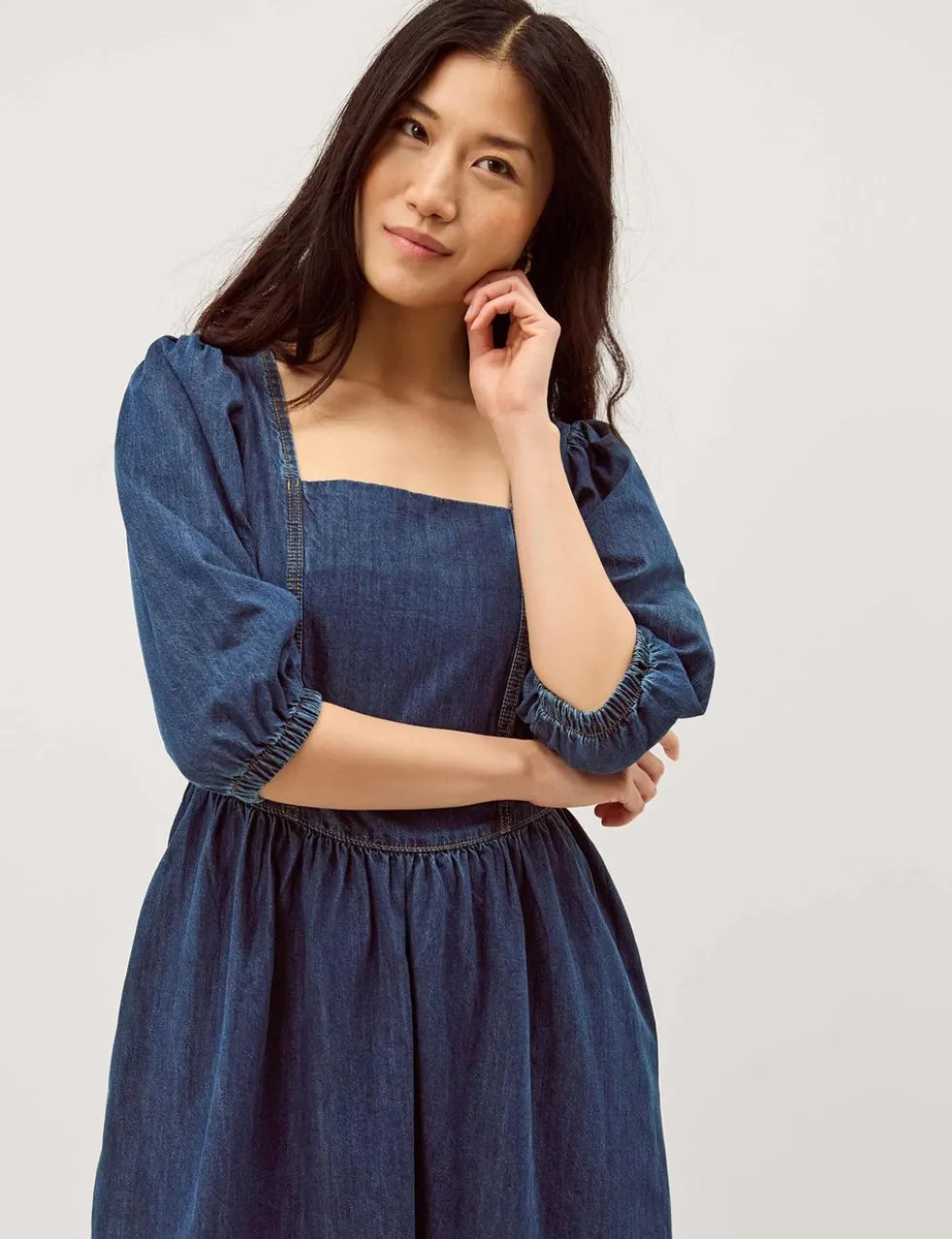 Denim Square Neck Midi Skater Dress
