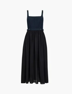 Denim Square Neck Strappy Midi Skater Dress