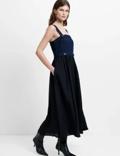 Denim Square Neck Strappy Midi Skater Dress