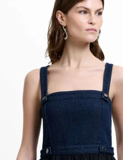 Denim Square Neck Strappy Midi Skater Dress