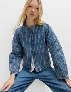 Denim Striped Collarless Jacket