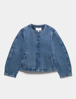 Denim Striped Collarless Jacket