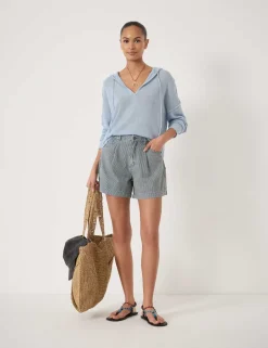 Denim Striped Pleat Front Shorts