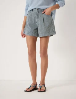 Denim Striped Pleat Front Shorts