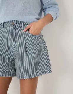 Denim Striped Pleat Front Shorts