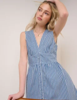 Denim Striped V-Neck Mini Skater Dress
