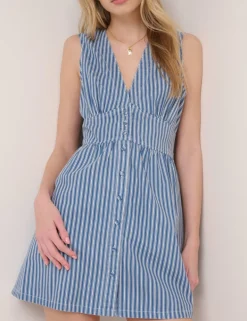 Denim Striped V-Neck Mini Skater Dress
