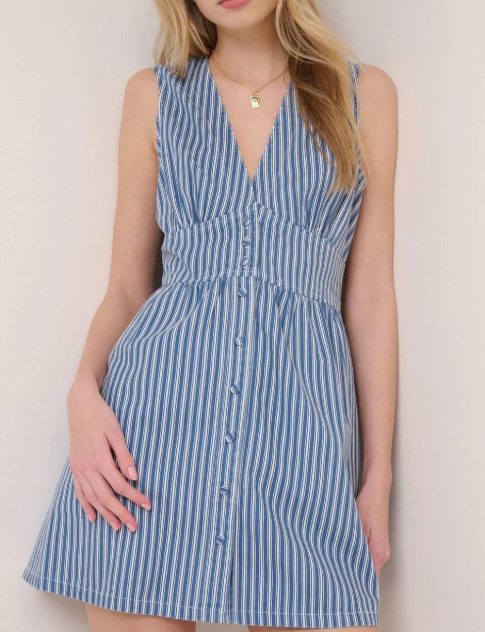 Denim Striped V-Neck Mini Skater Dress