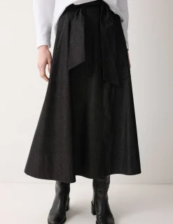 Denim Tie Belt Midi A-Line Skirt