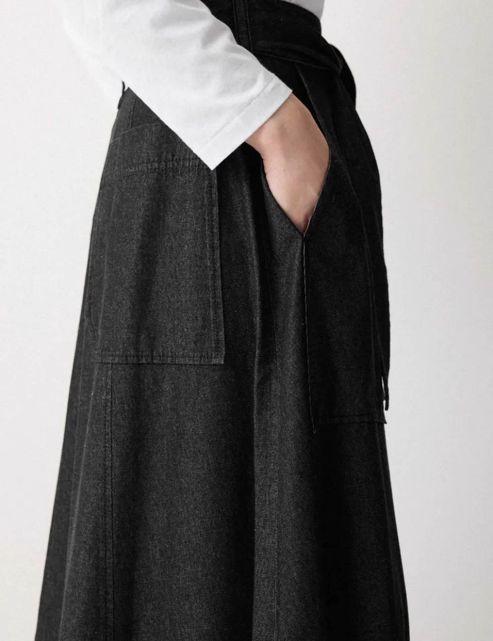 Denim Tie Belt Midi A-Line Skirt