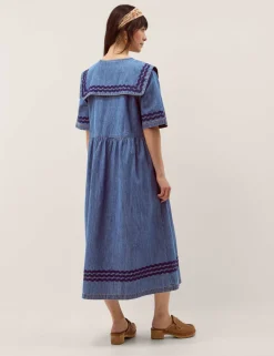 Denim Tie Neck Midi Smock Dress