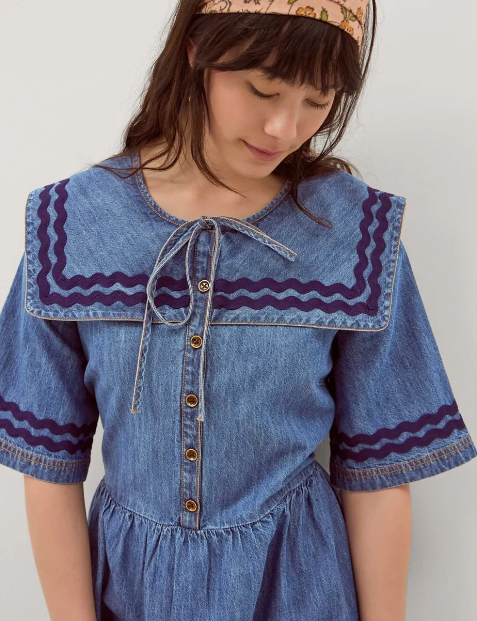 Denim Tie Neck Midi Smock Dress
