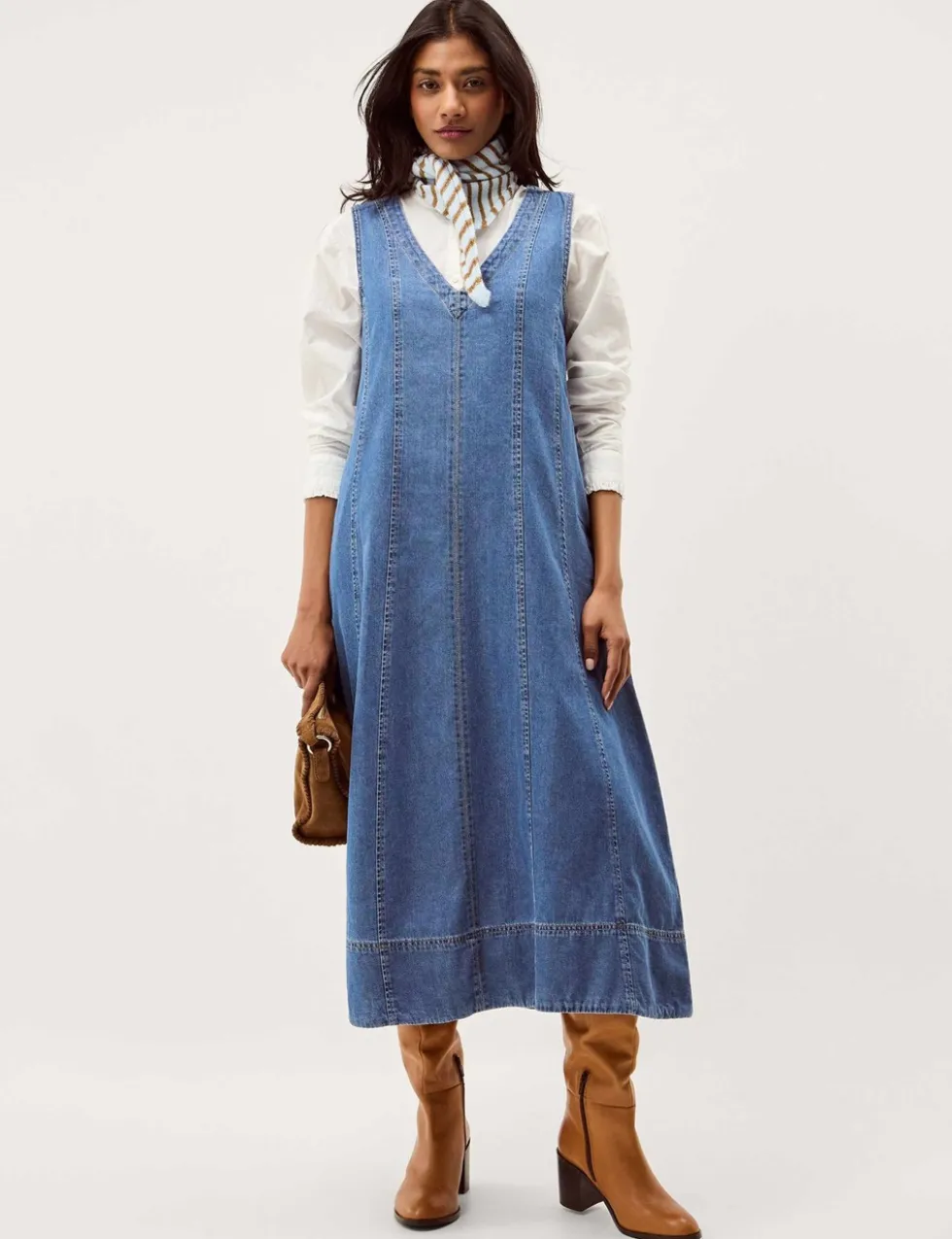 Denim V-Neck Midi Swing Dress