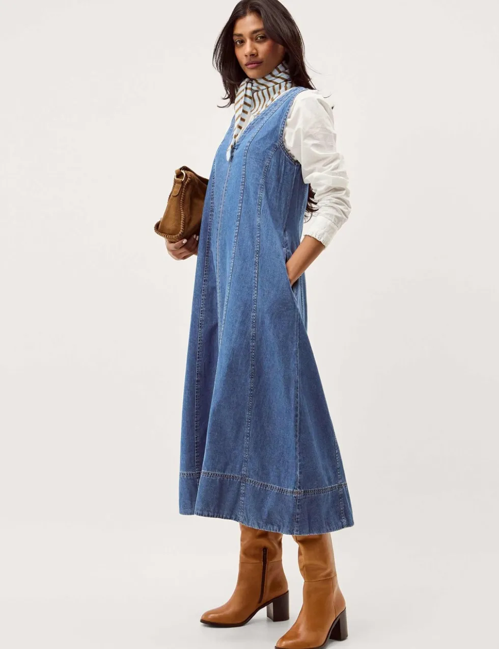 Denim V-Neck Midi Swing Dress
