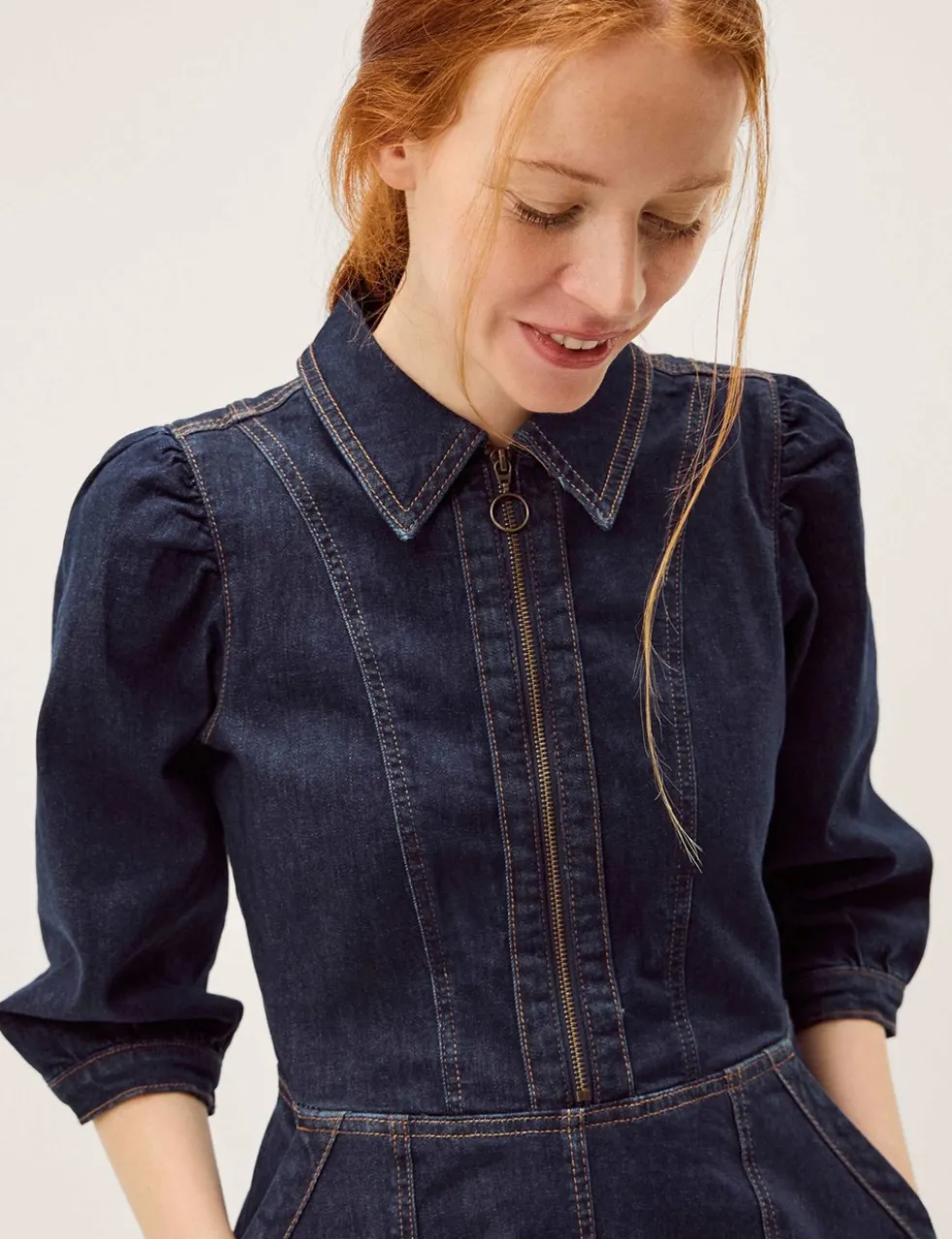 Denim Zip Front Midi Skater Dress