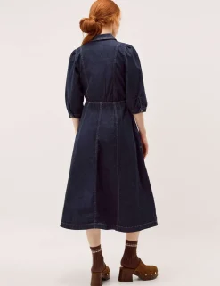 Denim Zip Front Midi Skater Dress