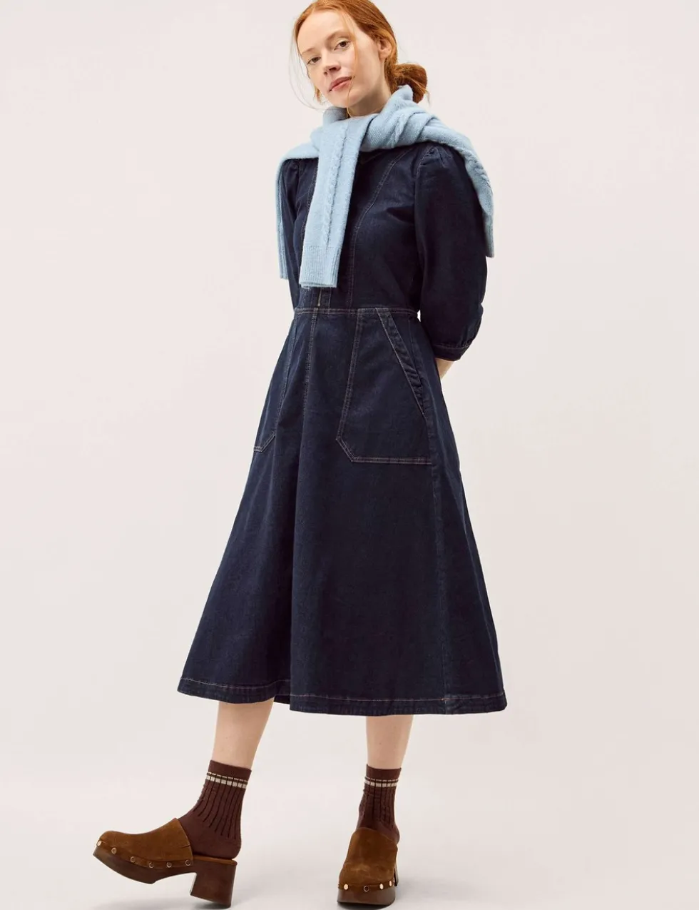 Denim Zip Front Midi Skater Dress