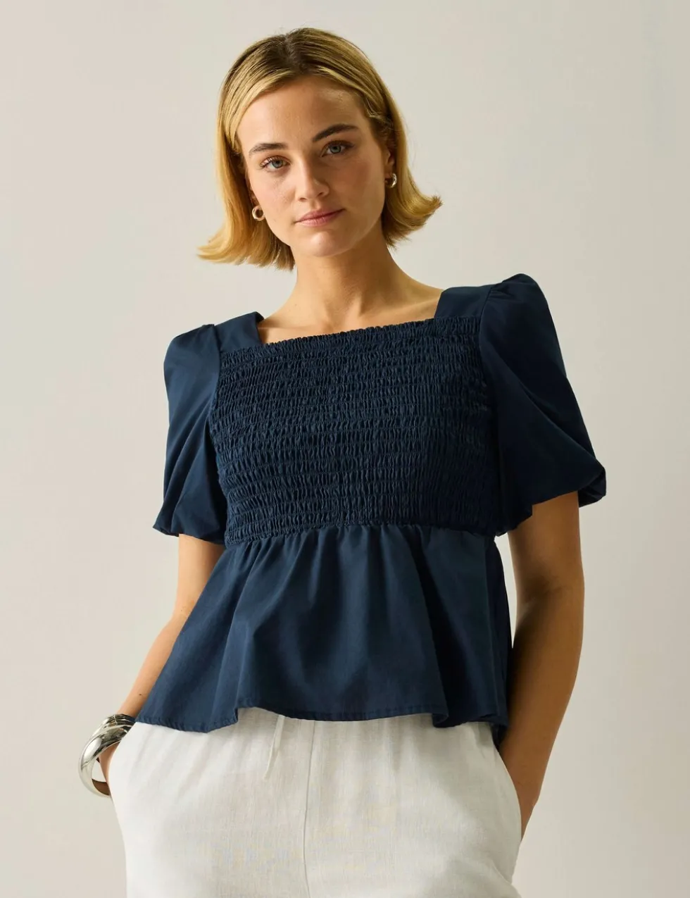 Diani Pure Cotton Shirred Peplum Top