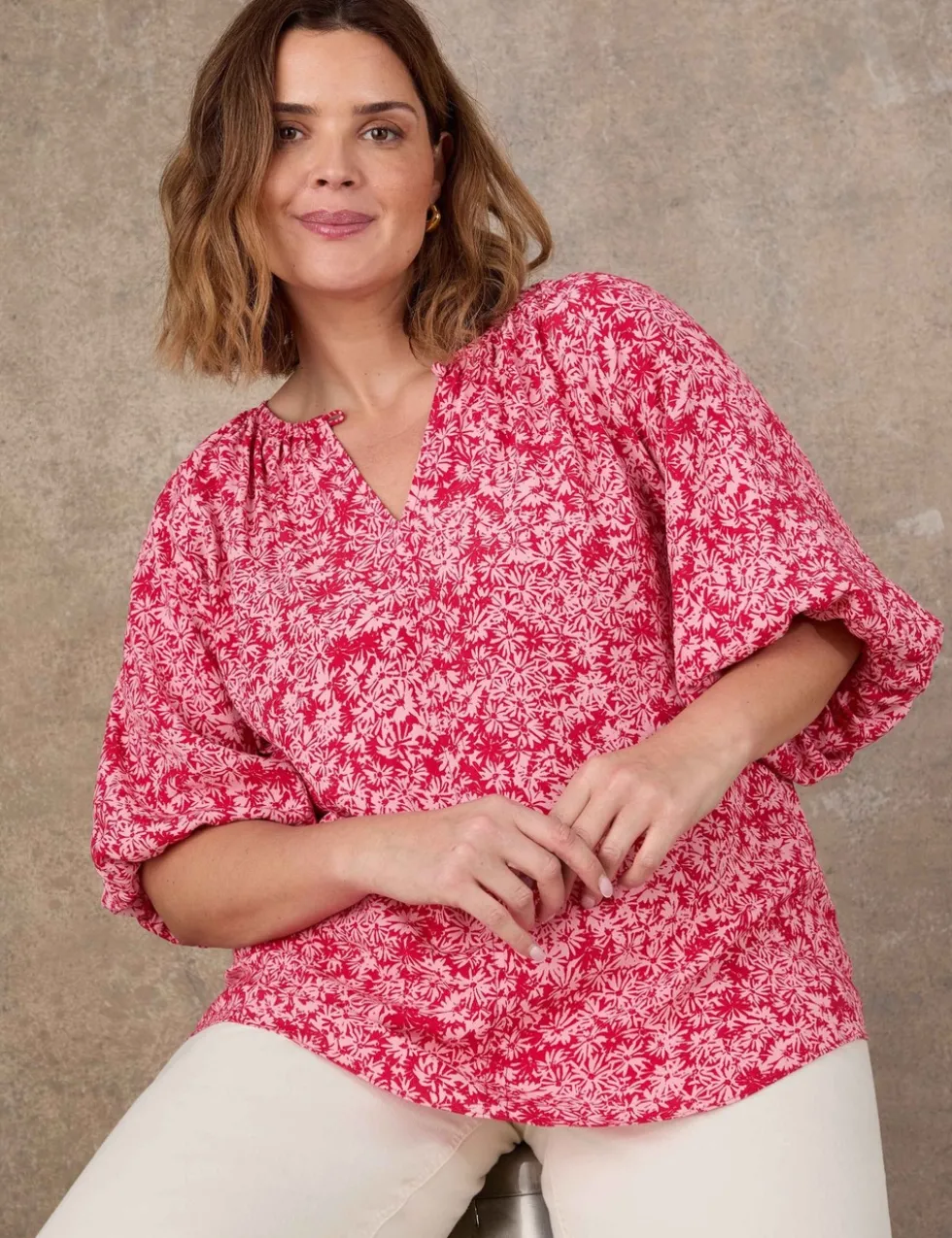 Ditsy Floral Notch Neck Puff Sleeve Blouse