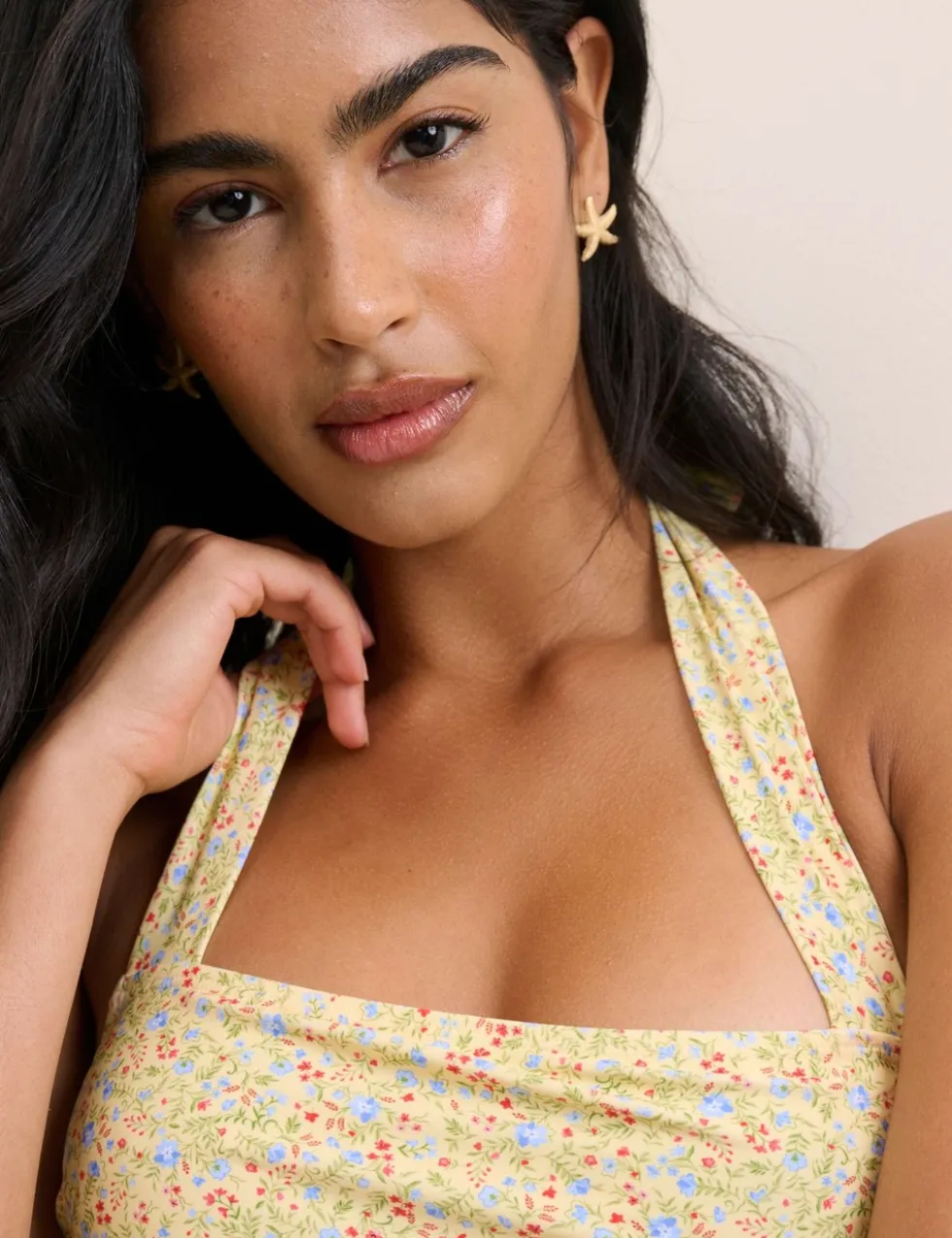 Ditsy Floral Ruched Square Halterneck Swimsuit