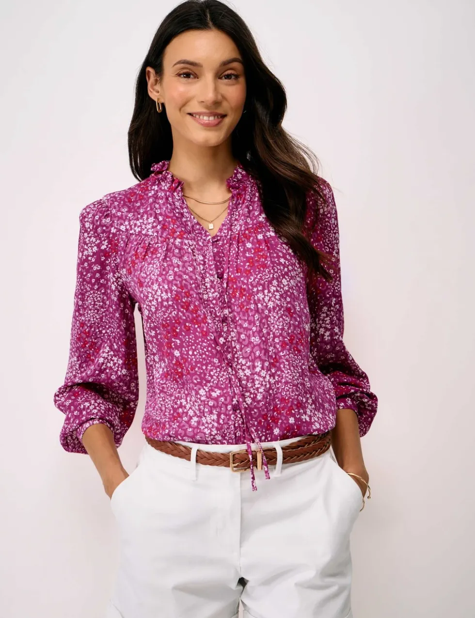 Ditsy Floral Tie Neck Button Through Blouse