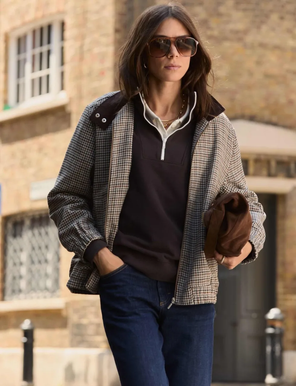 Dogtooth High Neck Bomber Jacket with Wool
