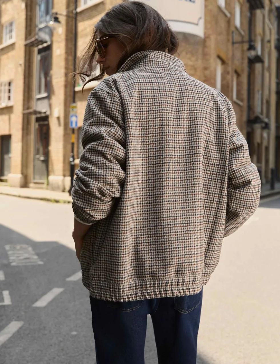 Dogtooth High Neck Bomber Jacket with Wool