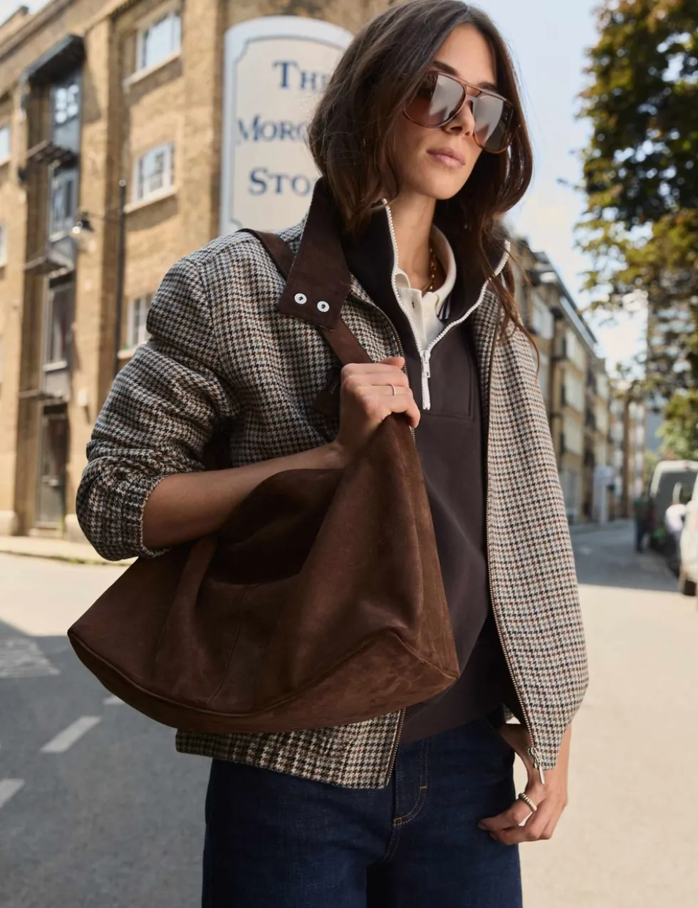Dogtooth High Neck Bomber Jacket with Wool