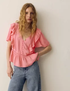 Double Cloth Floral Insert Ruffle Blouse