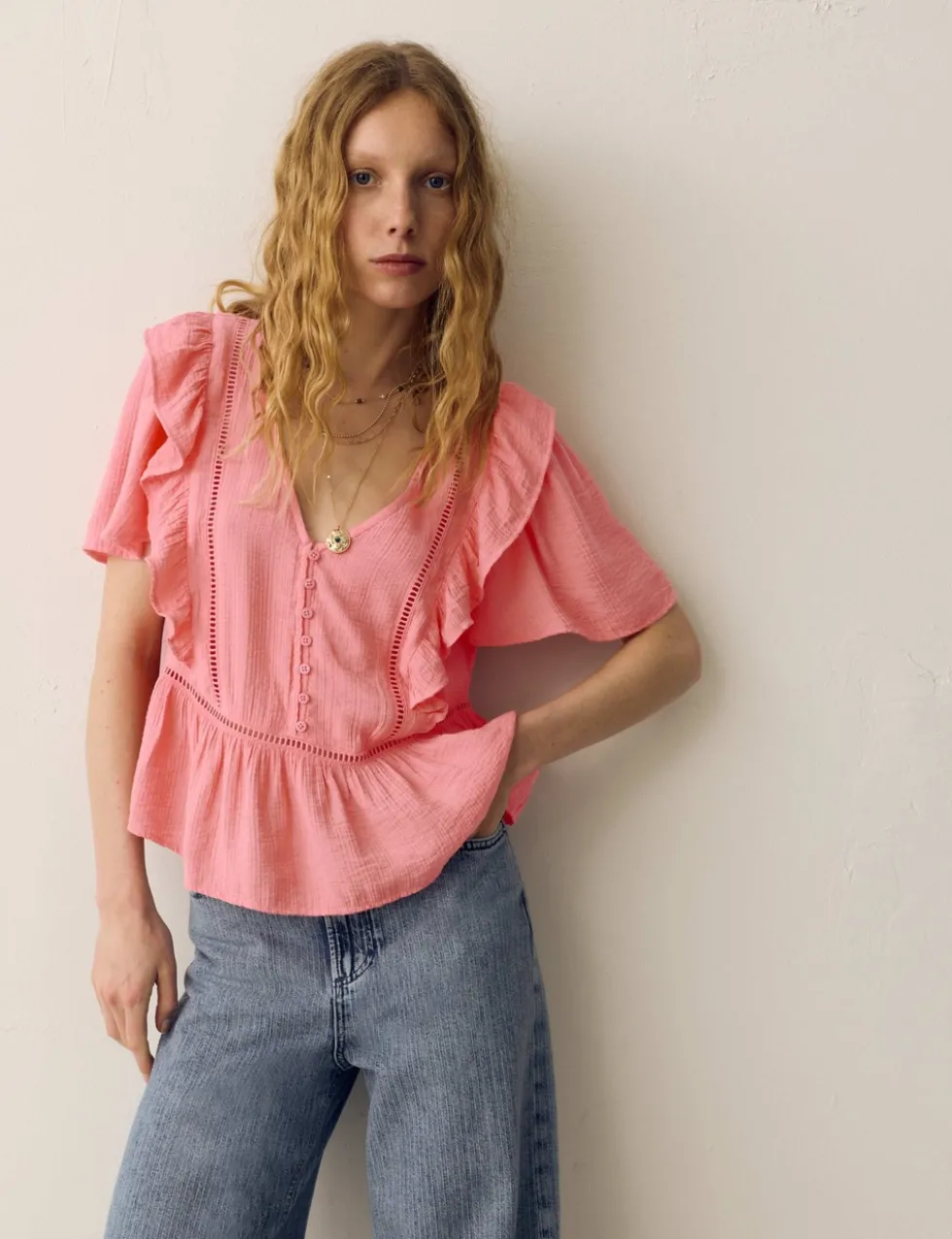 Double Cloth Floral Insert Ruffle Blouse