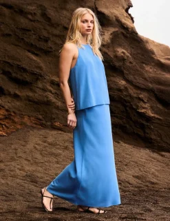 Drawstring Maxi Slip Skirt with Linen