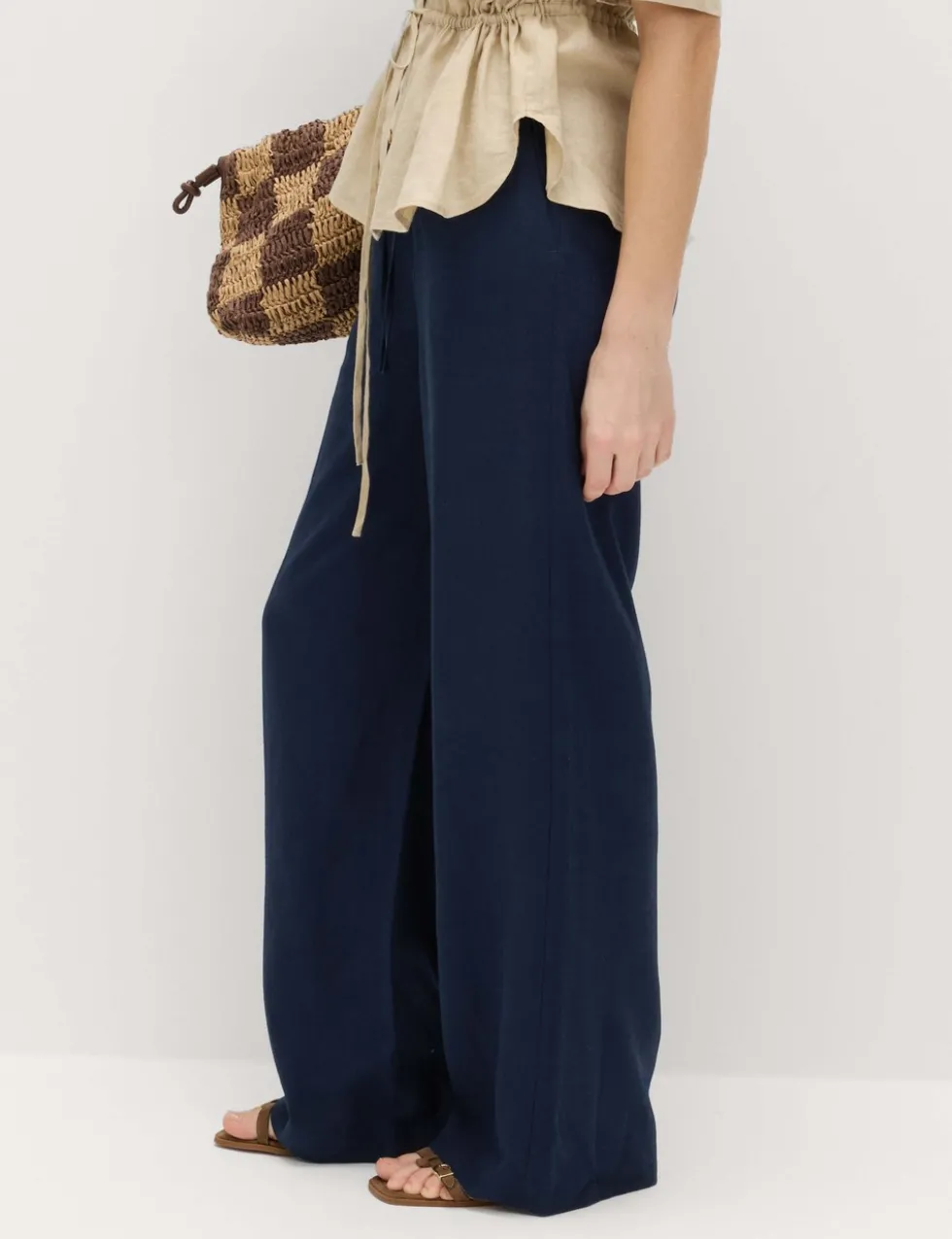 Drawstring Wide Leg Trousers with Linen