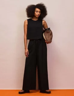 Drawstring Wide Leg Trousers with Linen