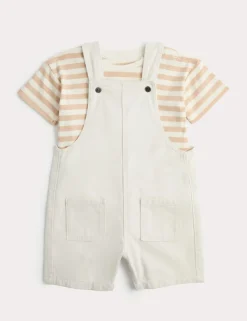 Ecru Denim Dungarees & Striped Tee Outfit (0-3 Yrs)