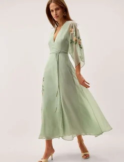 Embellished V-Neck Midaxi Wrap Dress