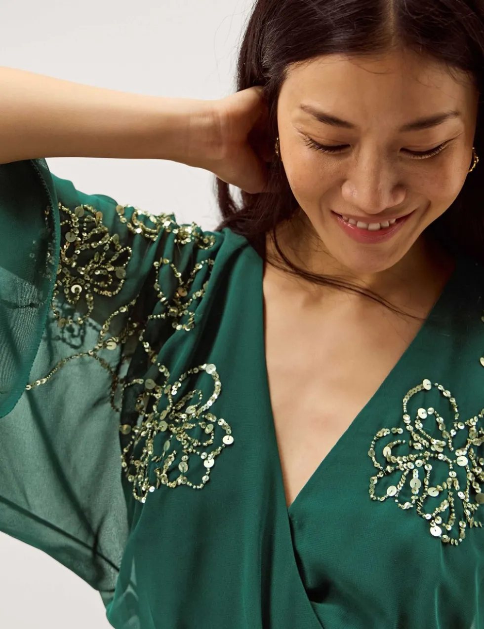 Embellished V-Neck Midi Wrap Dress