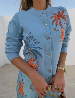 Embroidered Button Front Relaxed Cardigan