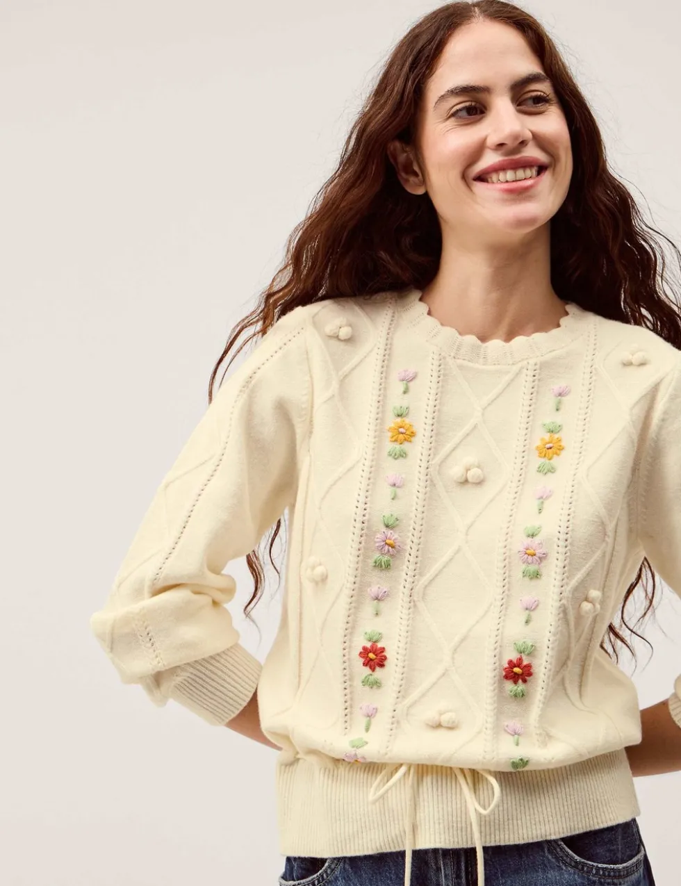 Embroidered Cable Knit Crew Neck Jumper