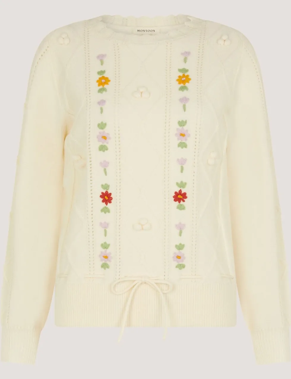 Embroidered Cable Knit Crew Neck Jumper