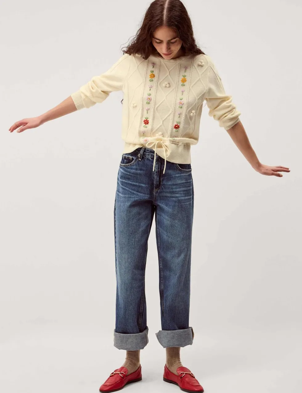 Embroidered Cable Knit Crew Neck Jumper