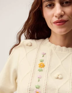Embroidered Cable Knit Crew Neck Jumper