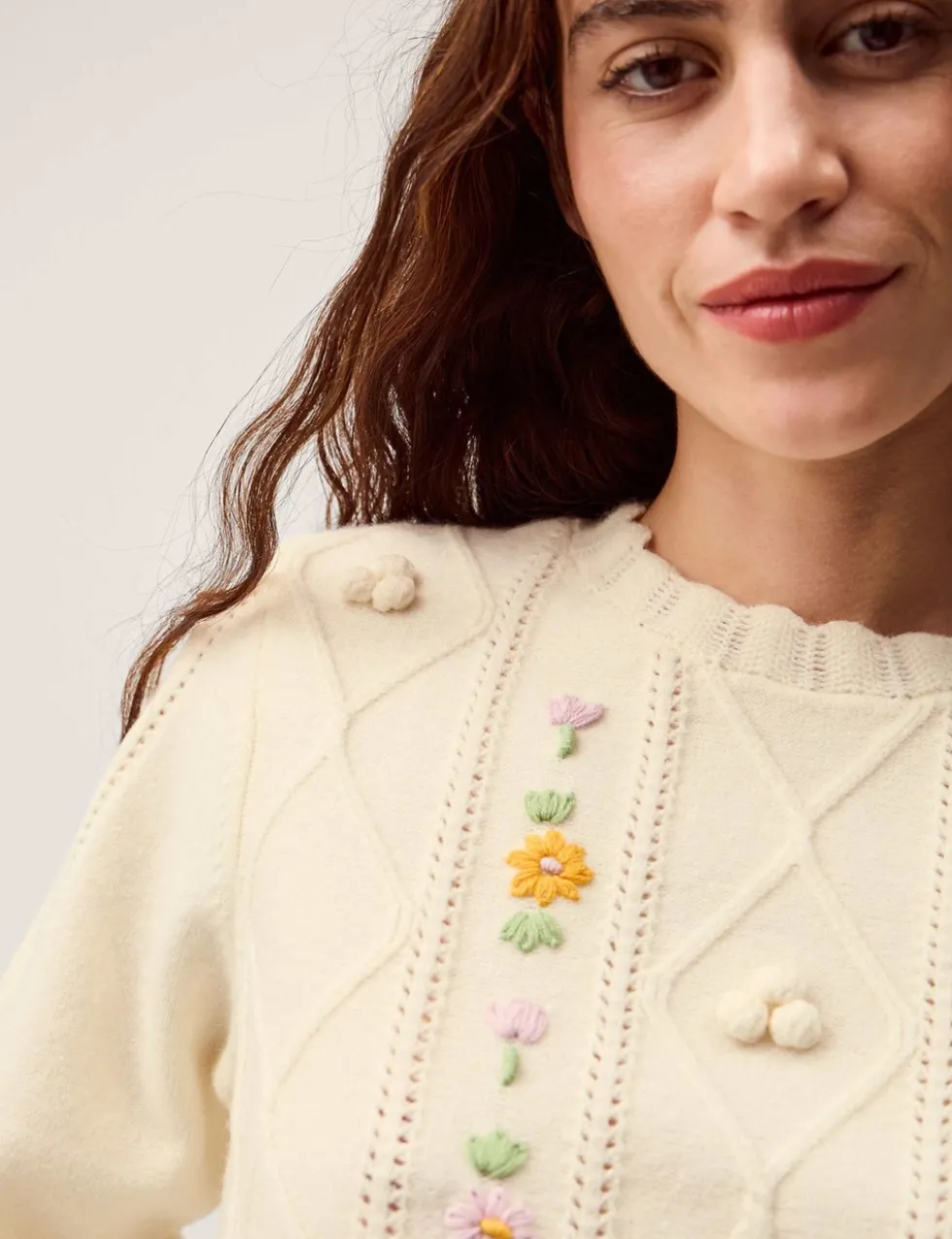 Embroidered Cable Knit Crew Neck Jumper