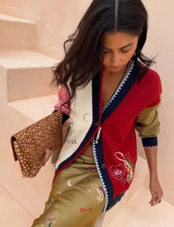 Embroidered Colour Block Relaxed Cardigan