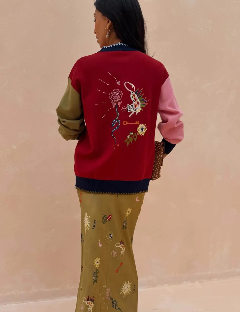Embroidered Colour Block Relaxed Cardigan
