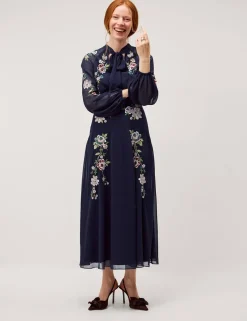 Embroidered High Neck Midi Tea Dress